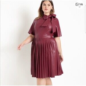 Eloquii Sz 16 Red Pleather Dress‎ Bow Pleated Skirt